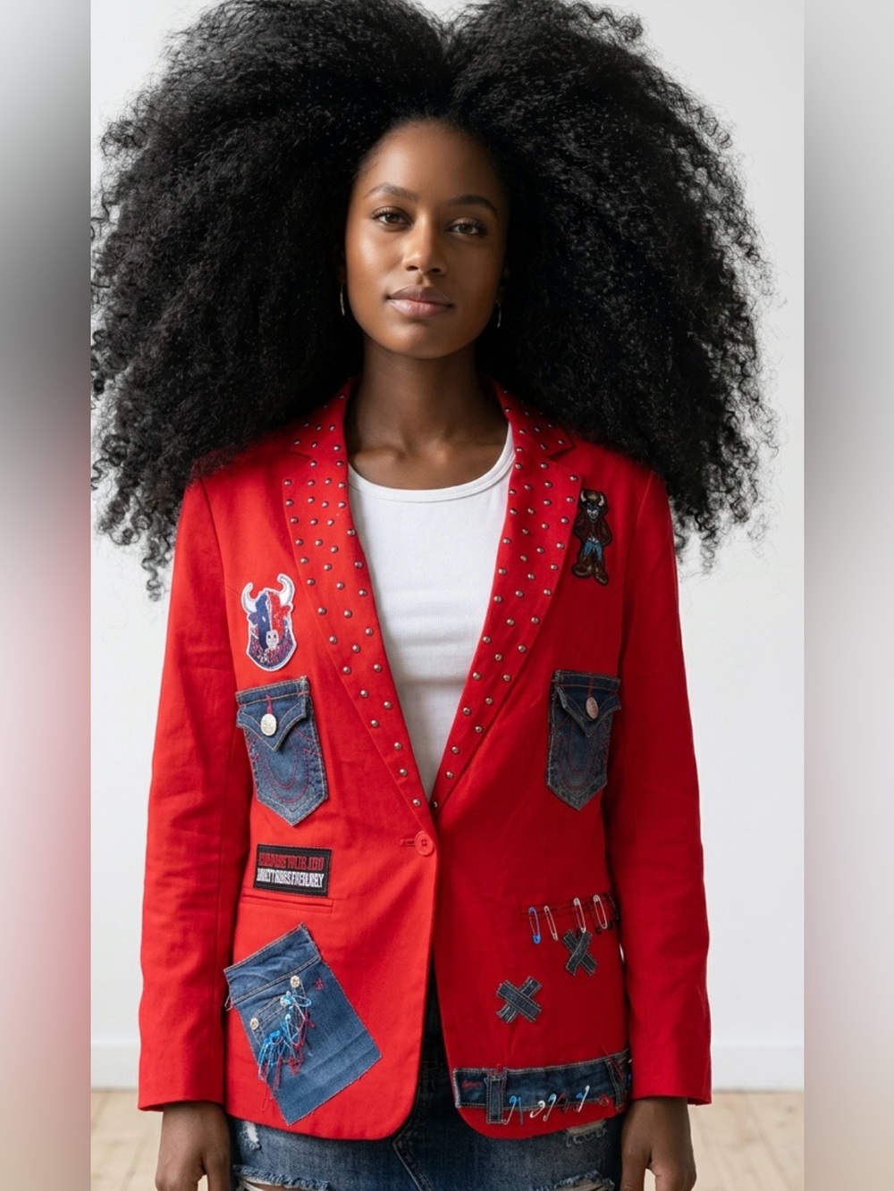 Upcycled H-TOWN Studded linen Red Patchwork lightweight Blazer size 10
